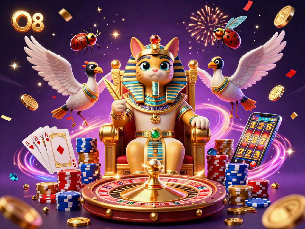 Play with O8 as a pharaoh cat spins slots and roulette in a vibrant casino scene.