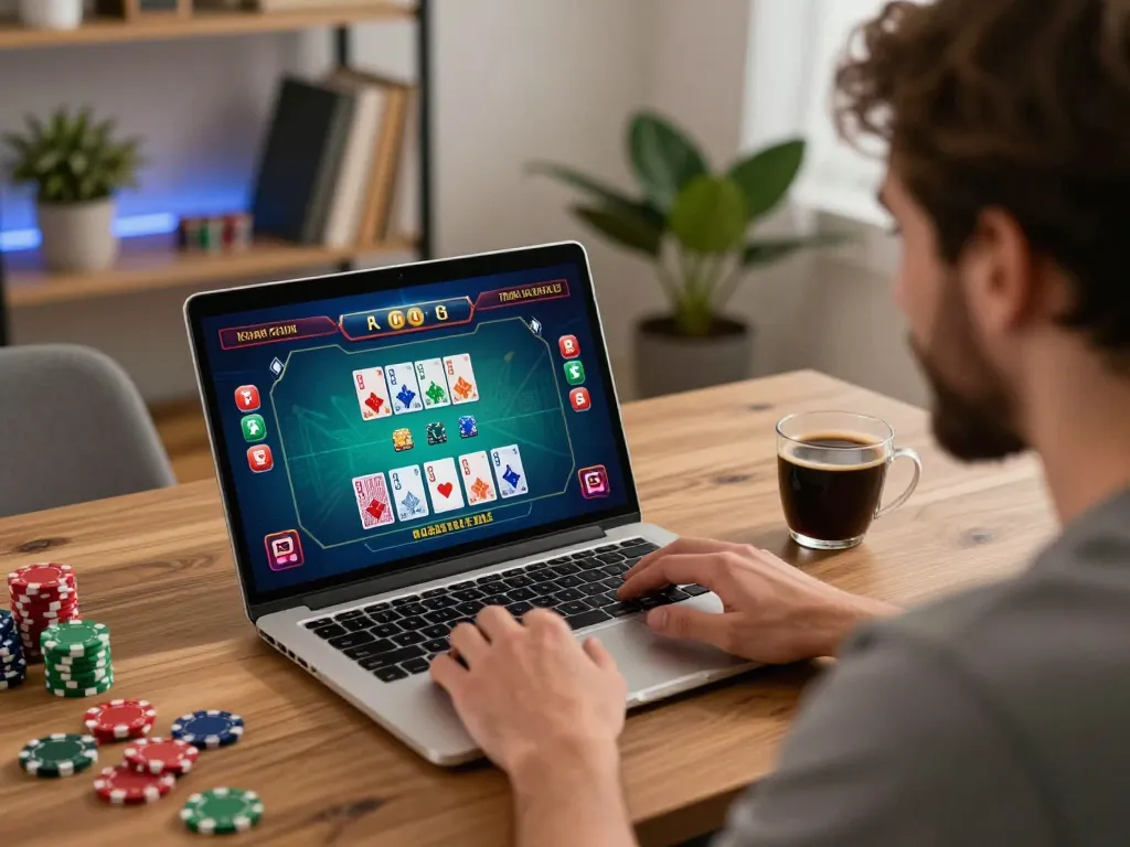 Player enjoying may88n live dealer game at home, focused on gameplay and strategy.
