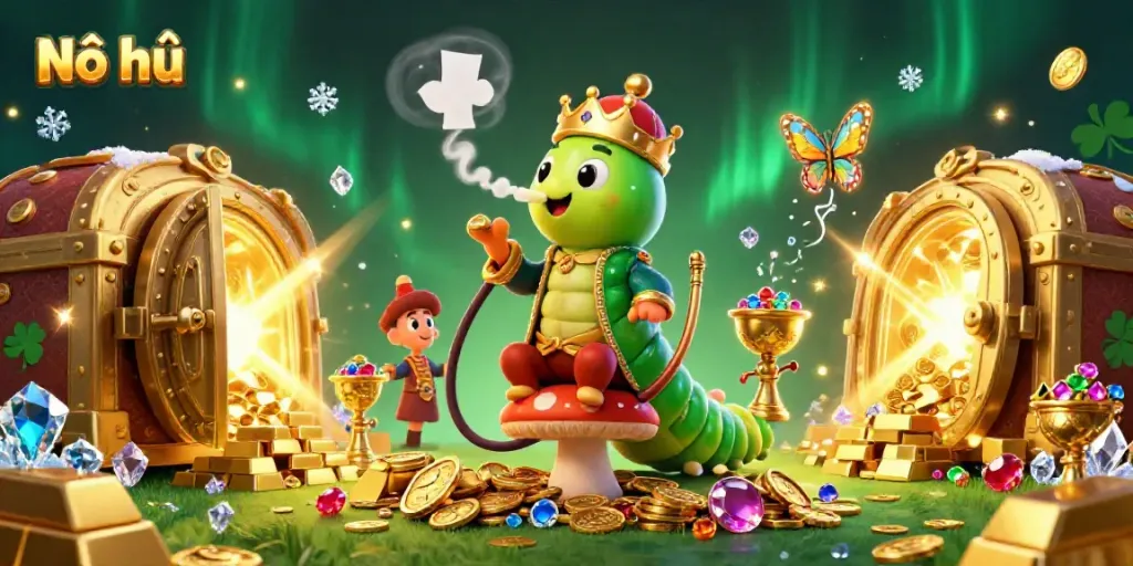 Experience Nổ hũ excitement with vibrant 3D illustration showcasing a caterpillar hookah-master surrounded by treasures and casino symbols.