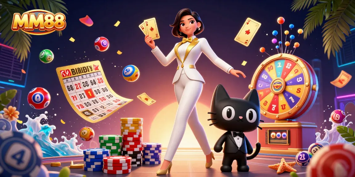 Experience the excitement of MM88 with a glamorous dealer, playful cat, and vibrant lottery elements.