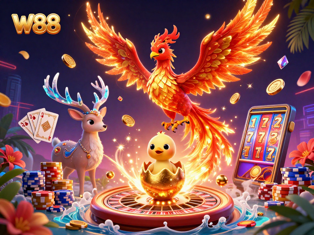 Experience the thrilling world of W88 with vibrant 3D elements of phoenixes, casino games, and rewards!