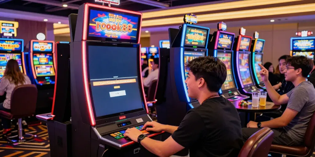 Excited players engaged at rokok88 slot login machines in a dynamic casino environment.