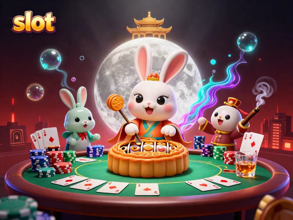 Engage in slot gameplay with vibrant reels and casino elements featuring a folklore rabbit scene.