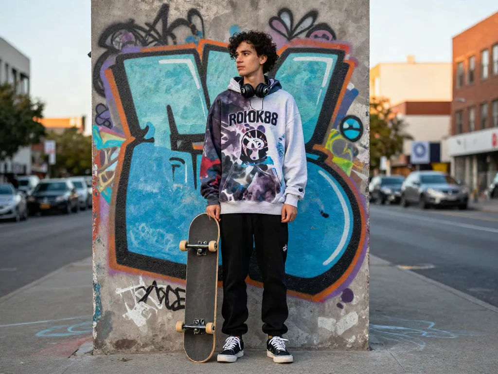 Stylish individual in ROKOK88 super merchandise against vibrant graffiti wall, showcasing urban street fashion.