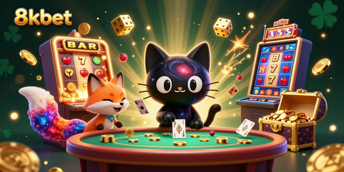 8kbet showcases exciting gaming action with a cosmic casino cat and vivid elements.