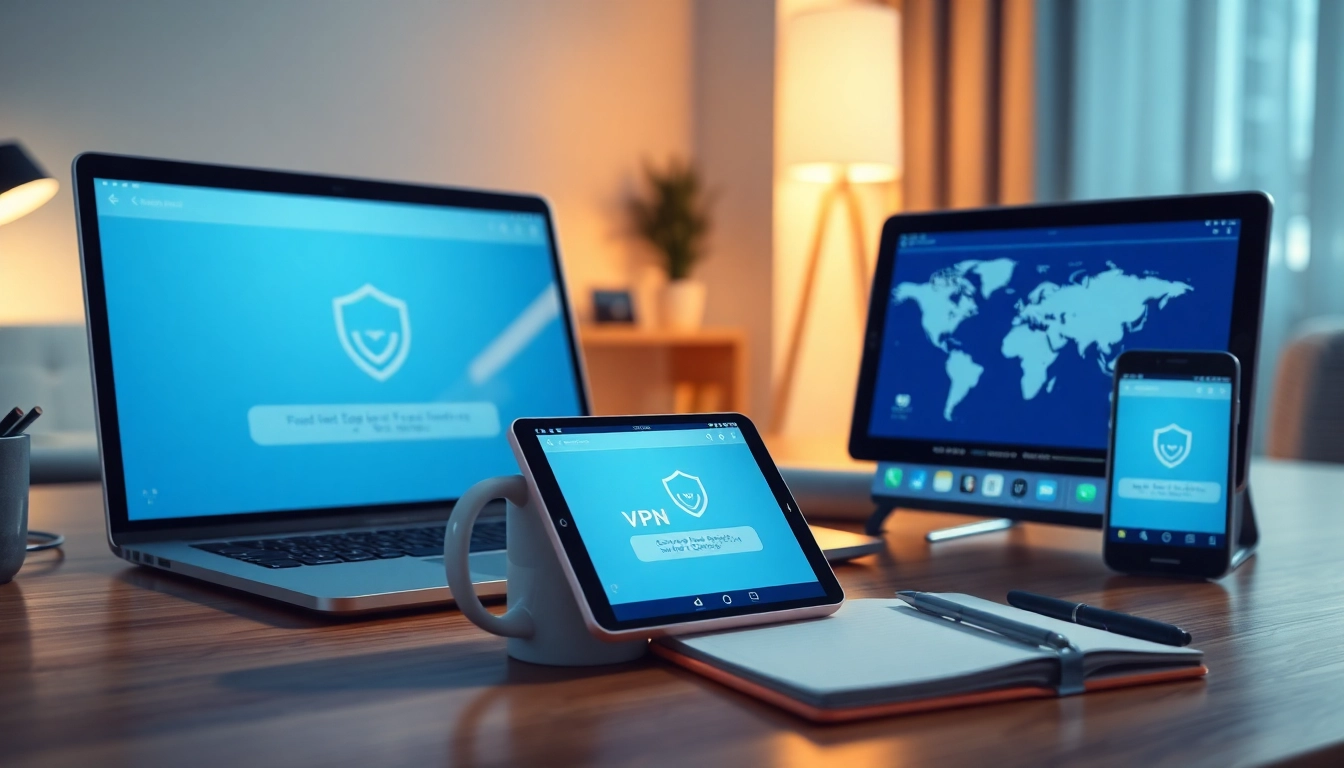 快连下载 app showcased on multiple devices in a secure workspace illustration.
