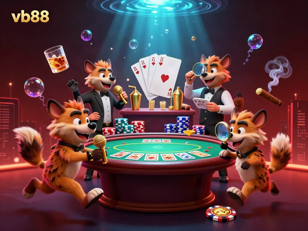 Experience the excitement at VB88's casino club with hyenas enjoying poker, drinks, and comedy.