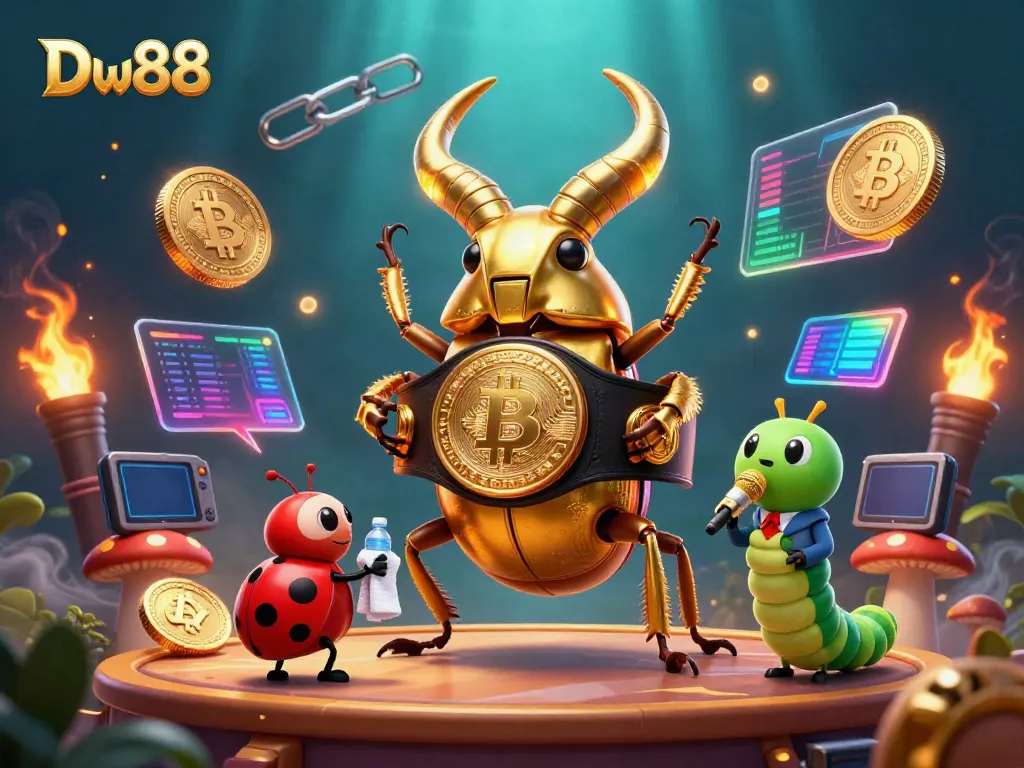 Experience the excitement of Dw88 with a vibrant illustration showcasing a golden stag beetle champion amidst crypto elements.
