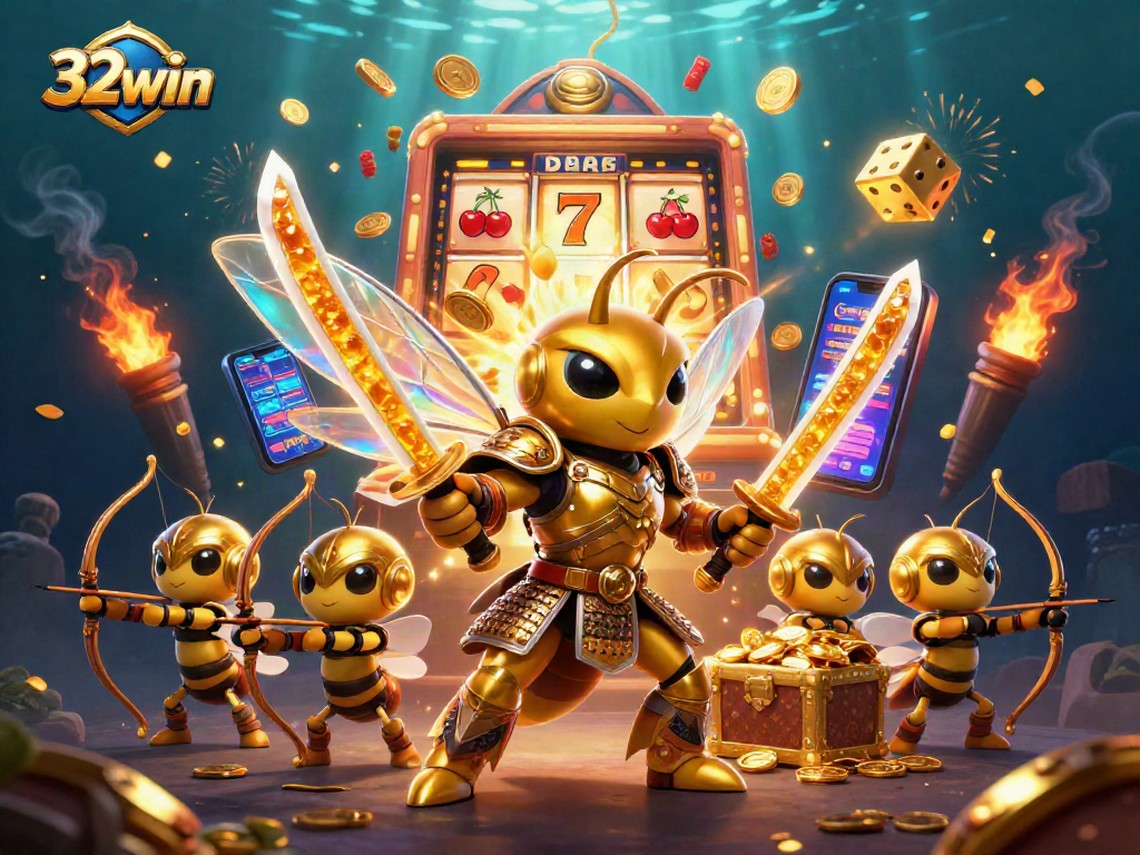Experience the excitement of 32win with a vibrant casino scene featuring a golden hornet and dynamic gaming elements.