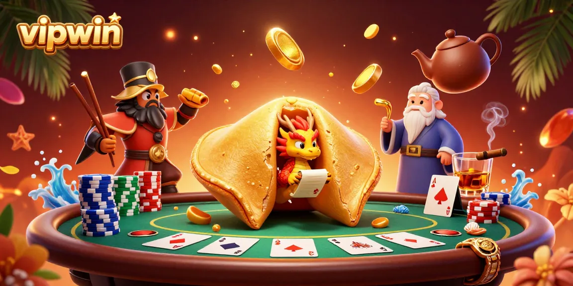 Engage with vipwin's casino adventures through a vibrant 3D illustration showcasing fortune cookies, poker chips, and dynamic casino action.