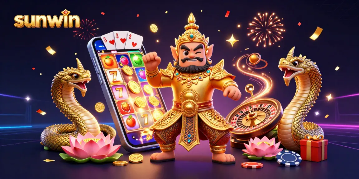Play at sunwin with 3D characters in dynamic casino scene featuring slots and poker elements