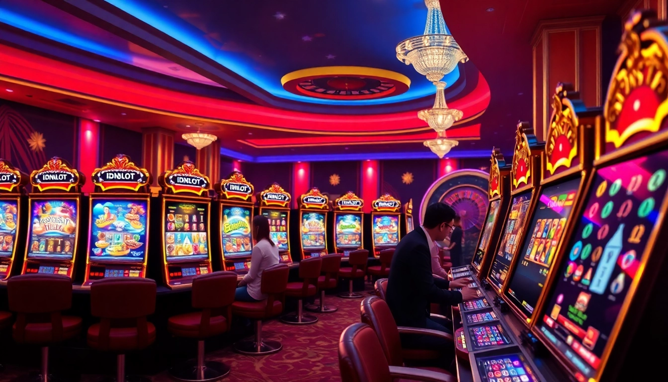 IDNSLOT showcases vibrant slot machines and a thrilling casino environment filled with players.