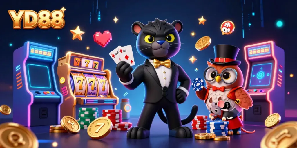 Experience YD88 slot excitement with a panther dealer, owl, and lucky mouse amidst vibrant casino elements.
