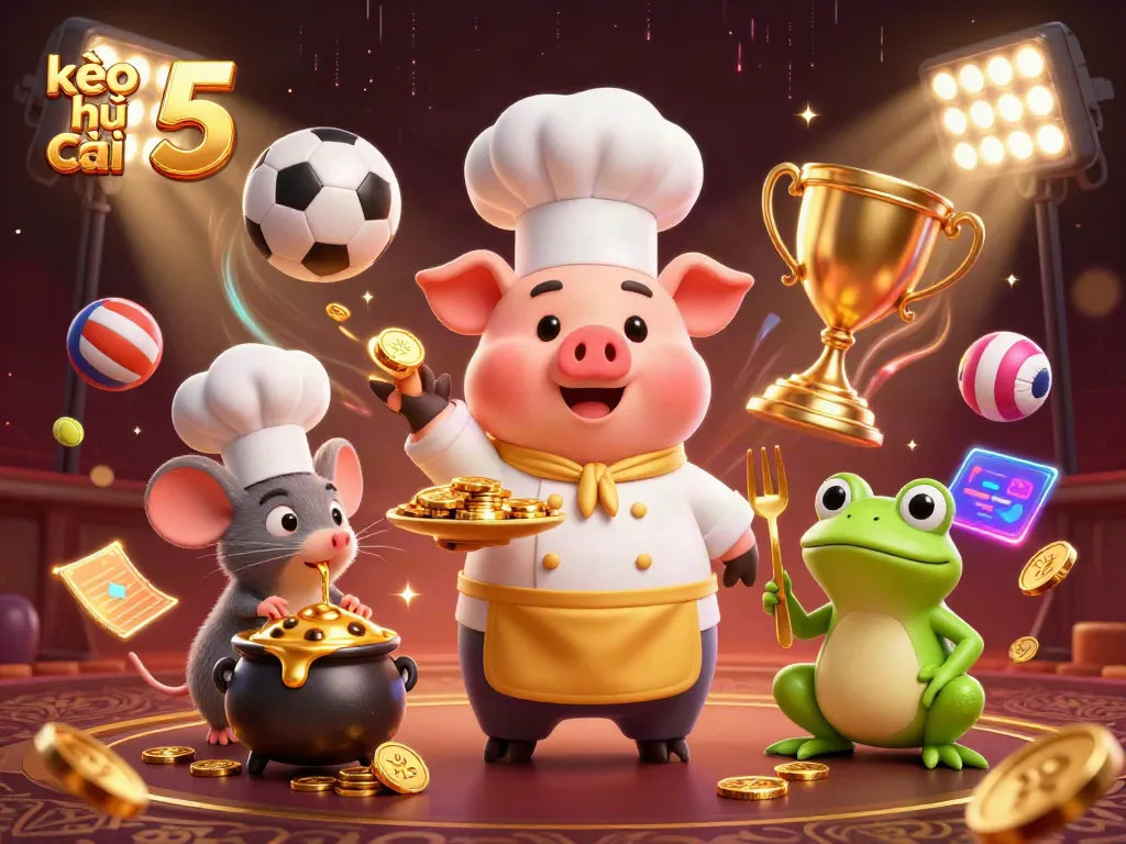 Engage in thrilling betting with kèo nhà cái 5 as a pig chef serves golden coins in a dynamic 3D casino.