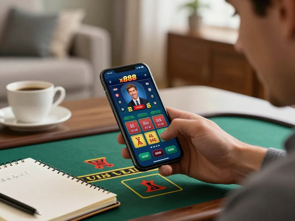 x888 app user excitedly places a bet on a live blackjack game in a stylish home.