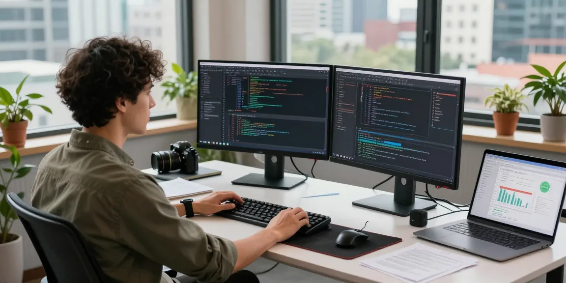 Dynamic software development setup showcasing the WPS Official Website in a modern workspace with coding elements.