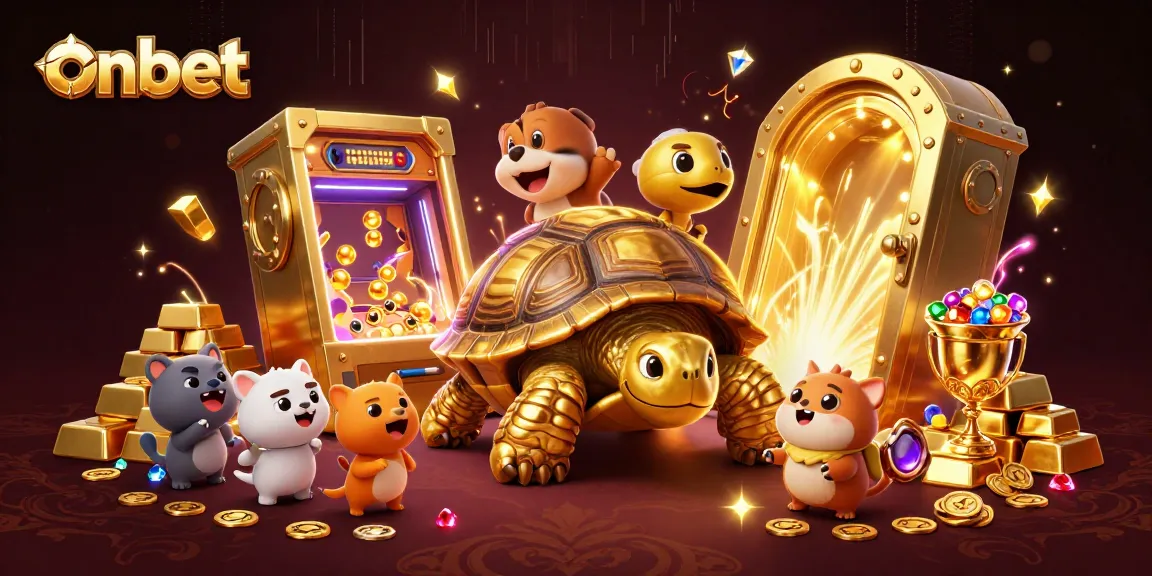 Join the excitement of onbet with a thrilling casino experience featuring a vibrant golden tortoise and treasures.