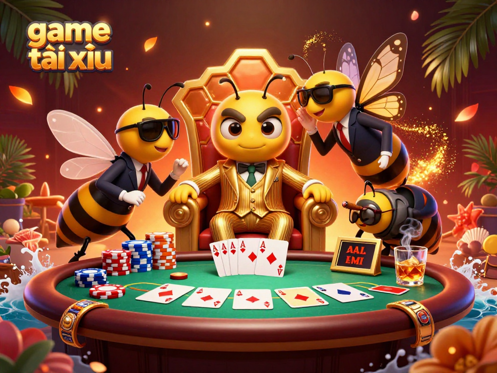 A 3D illustration of game tài xỉu featuring a bumblebee mob boss with poker elements, embodying excitement in gambling.