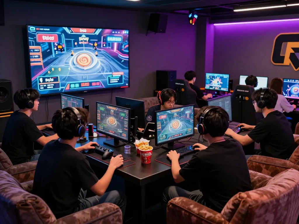 Group of gamers enjoying rik vip in a vibrant game lounge with snacks and consoles.