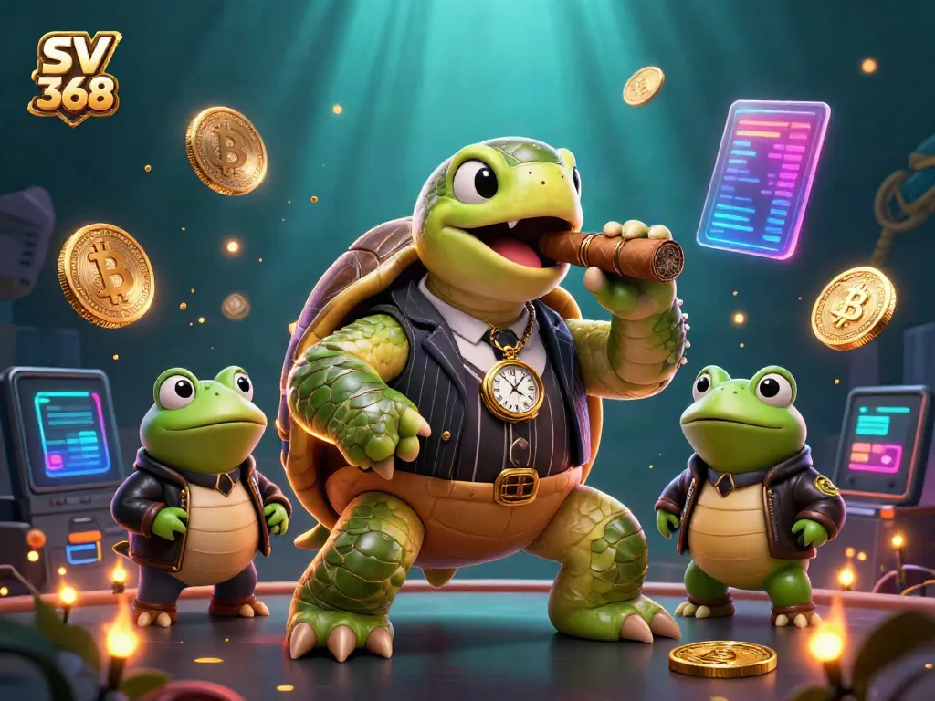 SV 368 showcases a lively casino scene with a mobster turtle amidst digital elements and crypto coins.