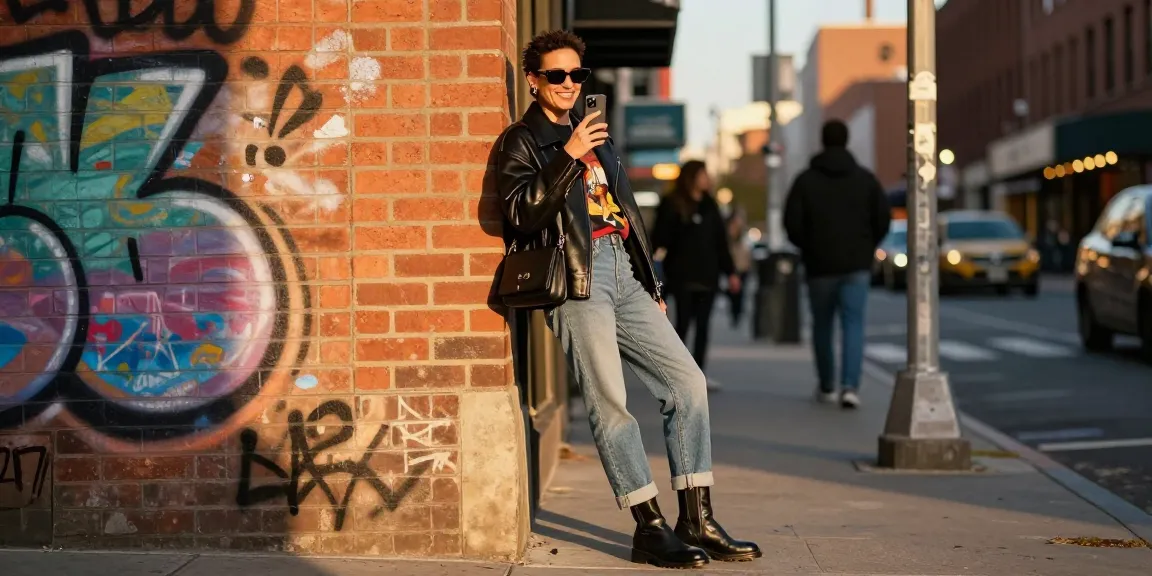 Stylish individual in urban fashion leaning against a graffiti wall, capturing the essence of city life.