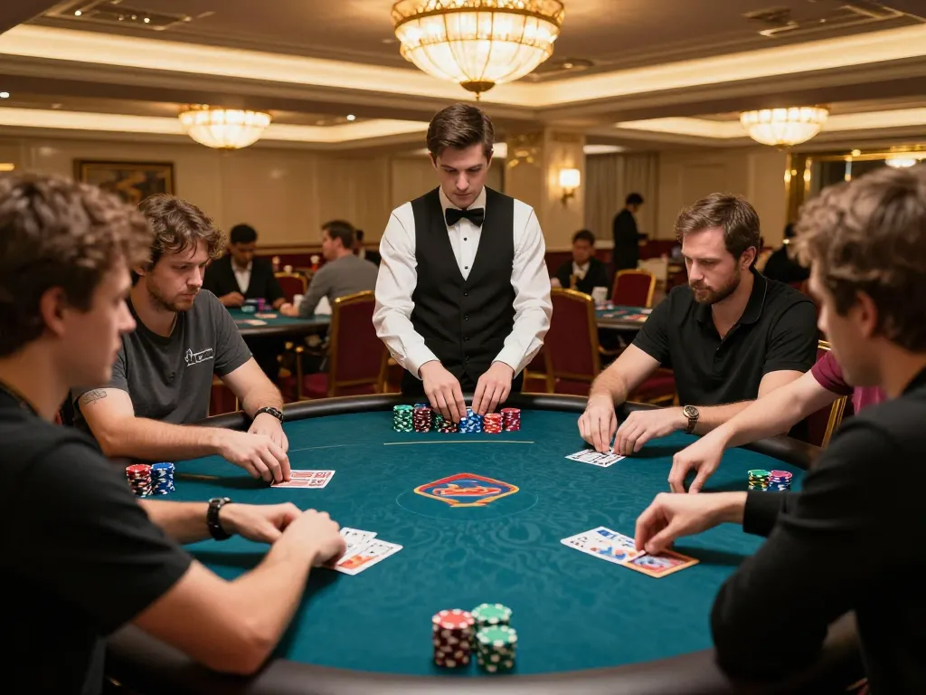 Intense poker gameplay showcasing debet decisions in a luxury casino setting with focused players.