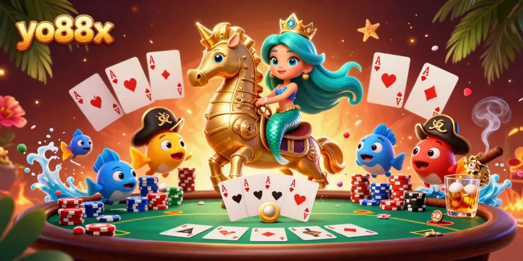 Experience thrilling bets at yo88x with an action-packed casino scene featuring vibrant characters and rich gaming elements.