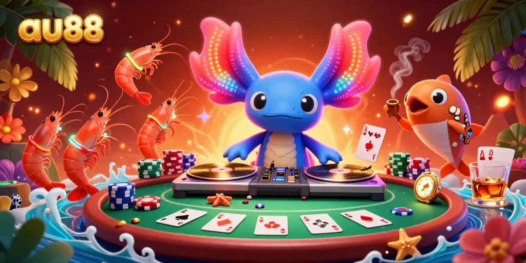 Engage with the thrilling world of au88, featuring a neon axolotl DJ and vibrant game elements.