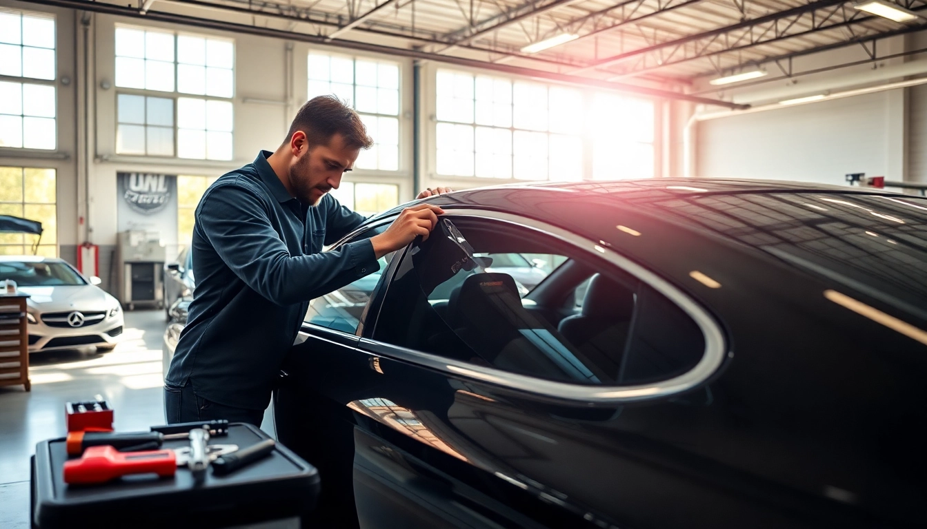 Enhance your ride with auto window tint near me as a technician skillfully applies film.