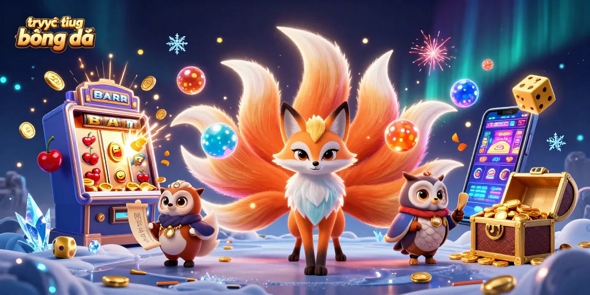 Experience trực tiếp bóng đá with a vivid illustration of a nine-tailed fox and slot machine bursting coins.