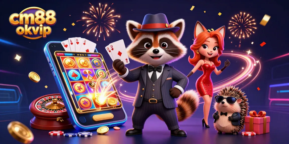 Spin to win with cm88 okvip while raccoon, fox, and bouncer celebrate in a vibrant casino scene.