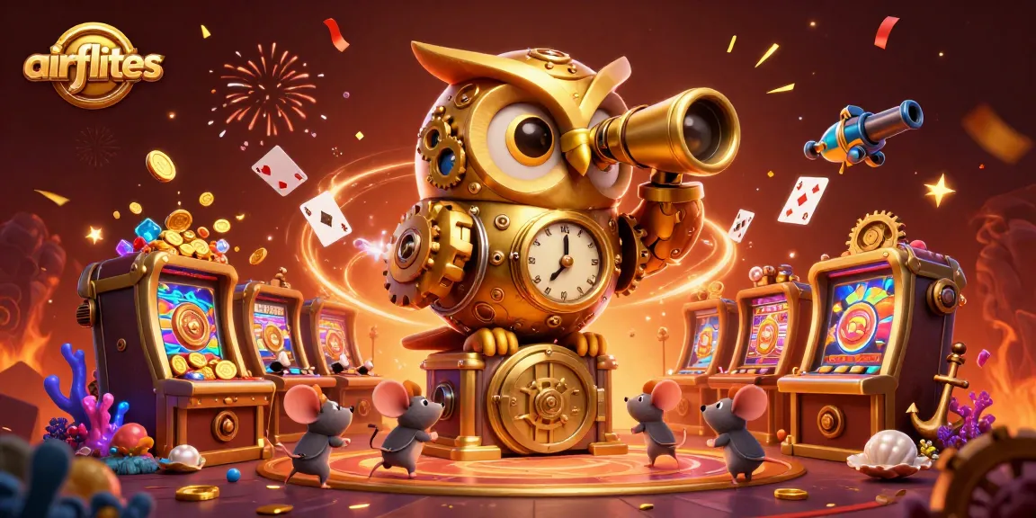 Experience the thrill of gambling at airflites with a golden owl, colorful gems, and lively casino atmosphere.