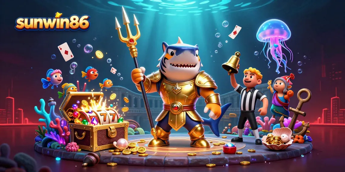 Engage with sunwin86's vibrant 3D underwater casino scene featuring a shark gladiator and slot reels.