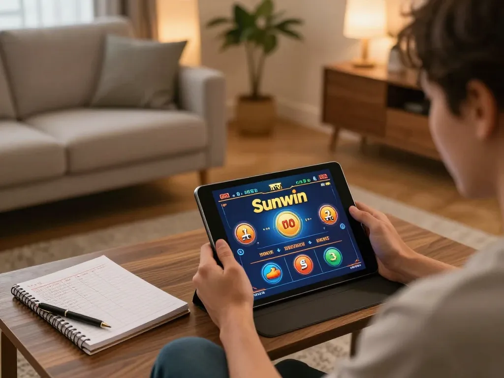 Sunwin player enjoying an engaging online gaming experience with a tablet on a cozy setup.