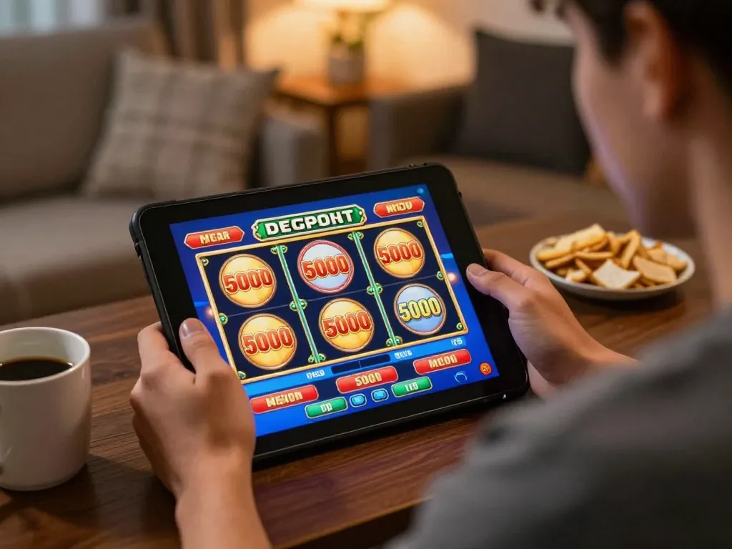 Engaging with slot deposit 5000 online games from a cozy living room setup.