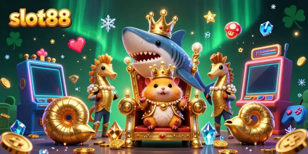 Experience epic gameplay with slot88 featuring a golden hamster king and vibrant slot machines.