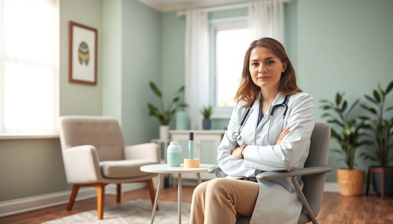 Therapist demonstrating techniques to manage stress and anxiety in a calming office.