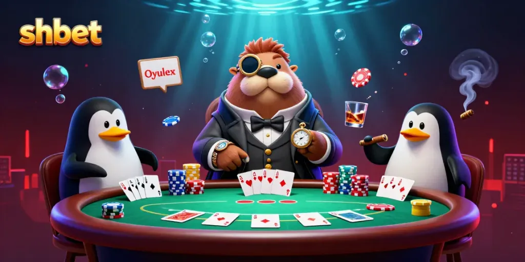 Experience the excitement of shbet with a jolly walrus playing poker underwater, surrounded by vibrant casino elements.