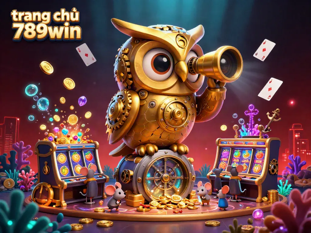 Experience excitement at trang chủ 789win with a vibrant 3D casino scene, featuring a golden owl and dynamic game elements.