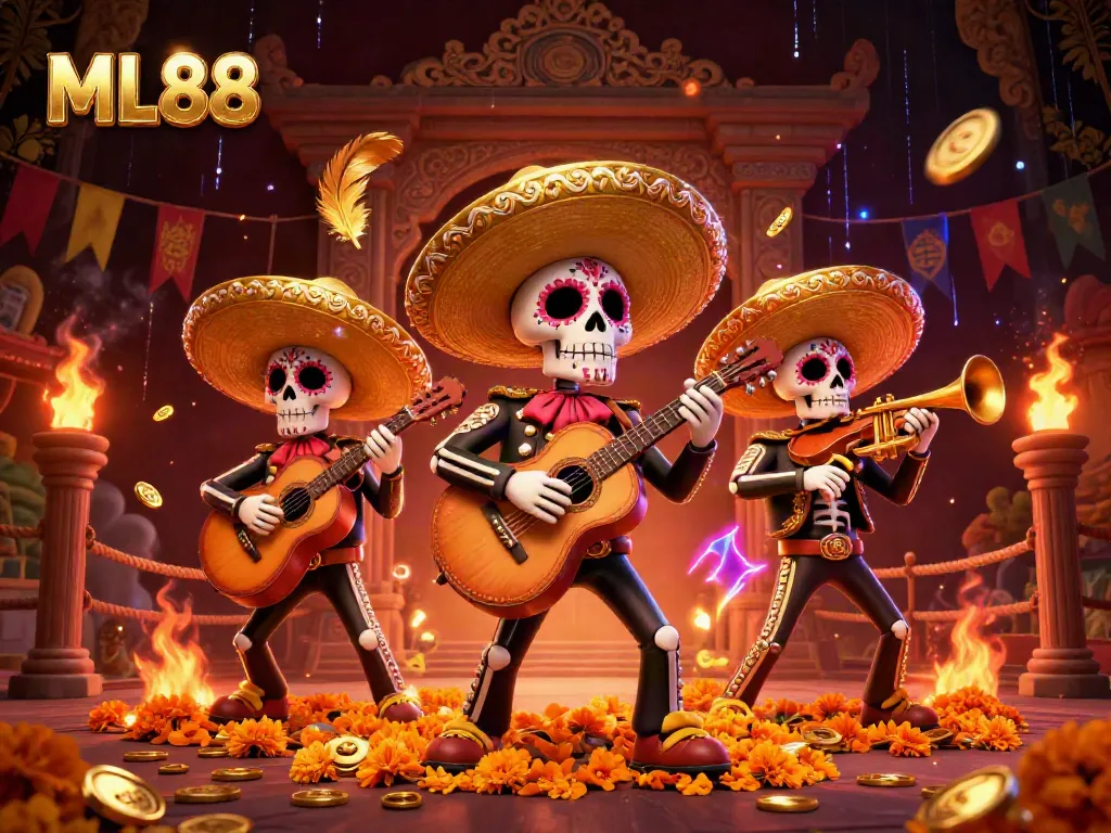 Experience thrilling gameplay at ML88 with vibrant 3D skeleton mariachi band amidst casino elements.