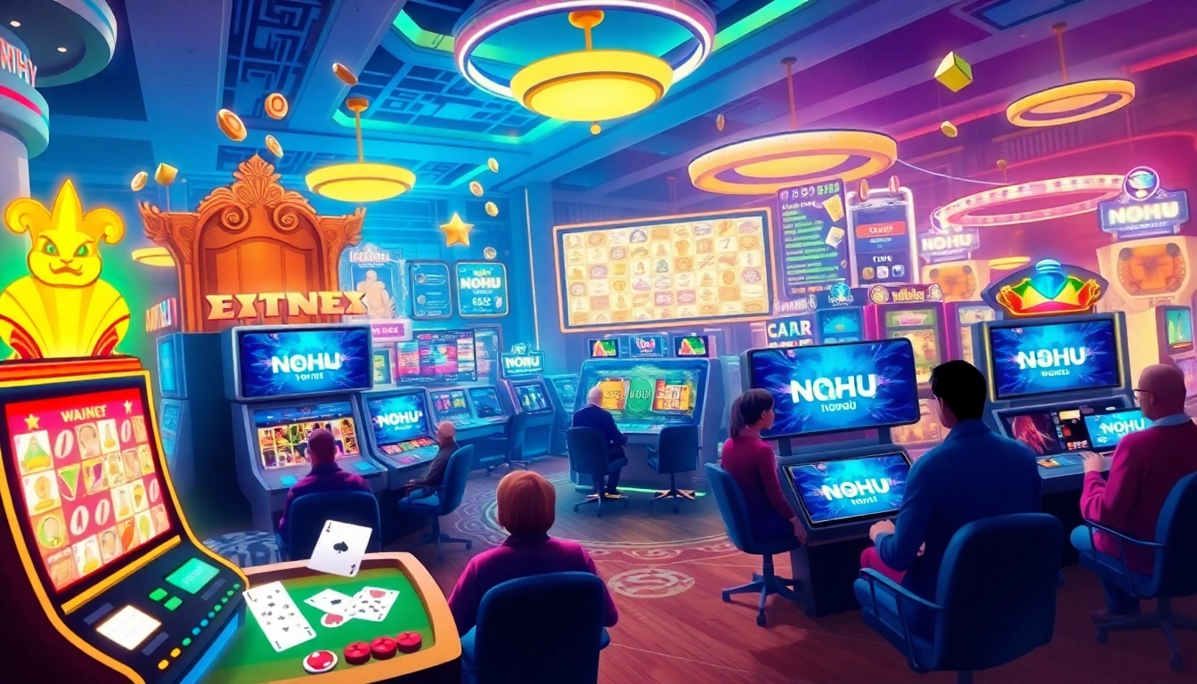 NOHU online gaming platform showcasing vibrant gaming elements and devices in a dynamic environment.