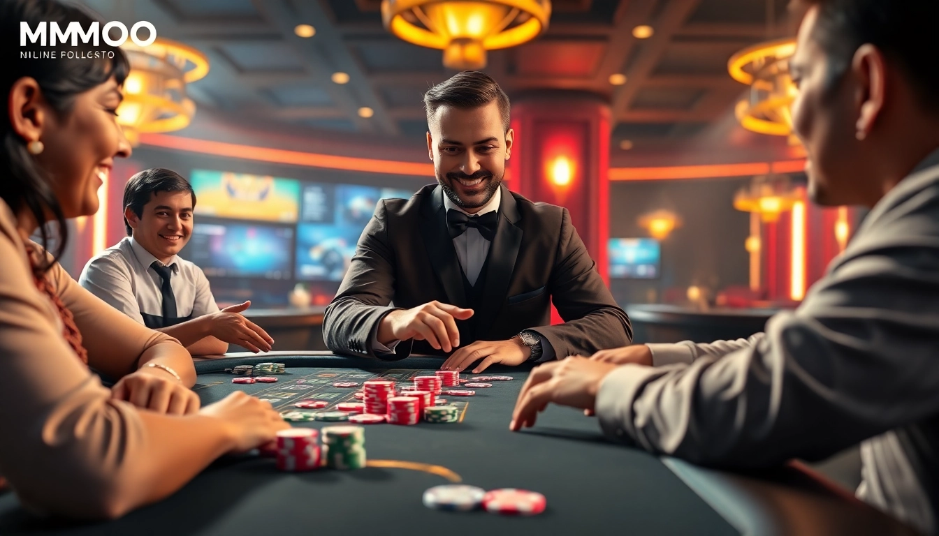 Engaging MMOO online casino scene with professional dealer and lively players.