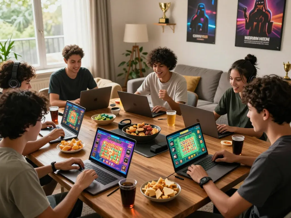 Excited friends enjoying lô đề online gaming session in a cozy living room