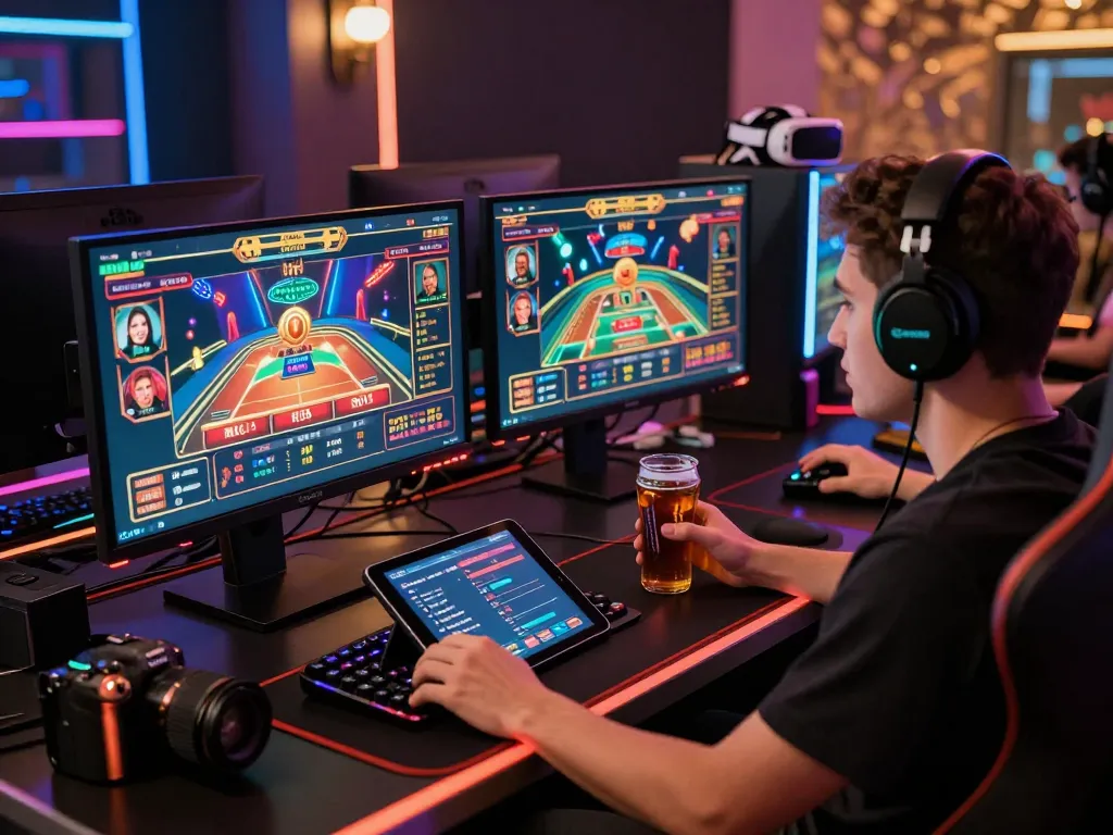 Gamer enjoying Bomwin gaming experience with dual monitors and vibrant setup.