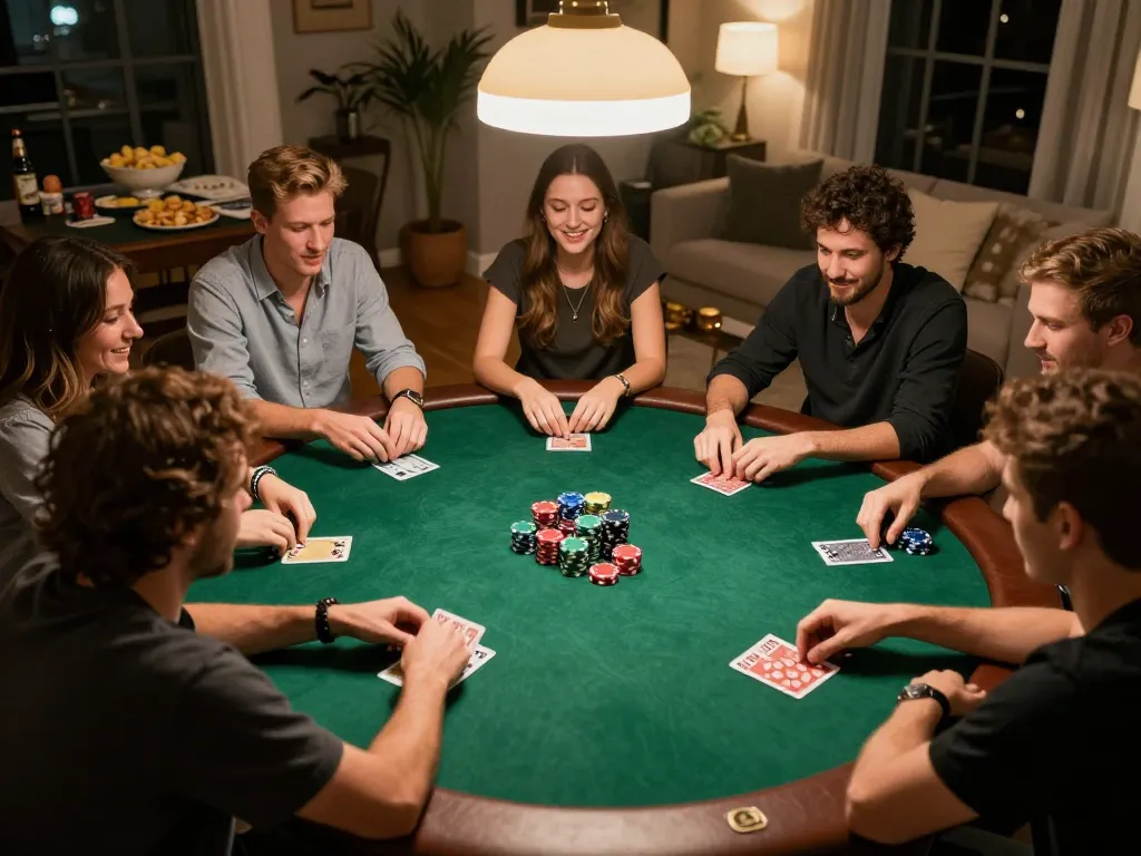 Engaged players enjoy a lively poker game at home, showcasing the excitement of https://rr88.autos/ in a friendly setting.