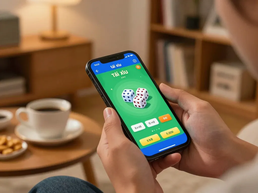 Engaging gameplay with app tài xỉu online on smartphone in cozy home setting
