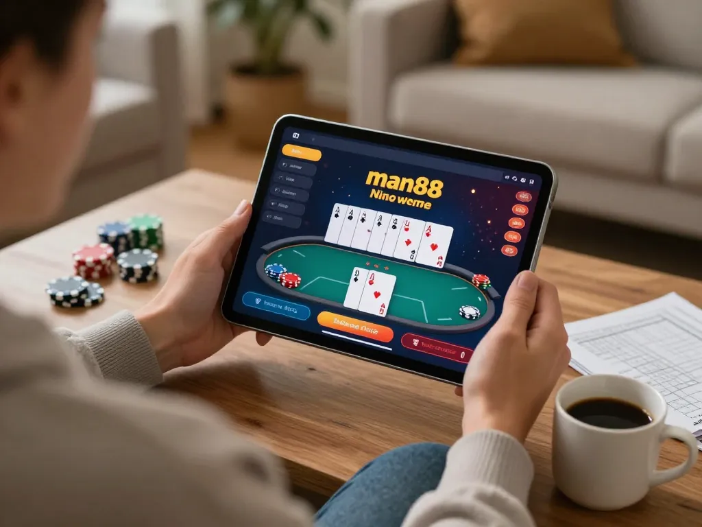 Engaging player utilizing man88 for online poker gaming in a comfortable home setting