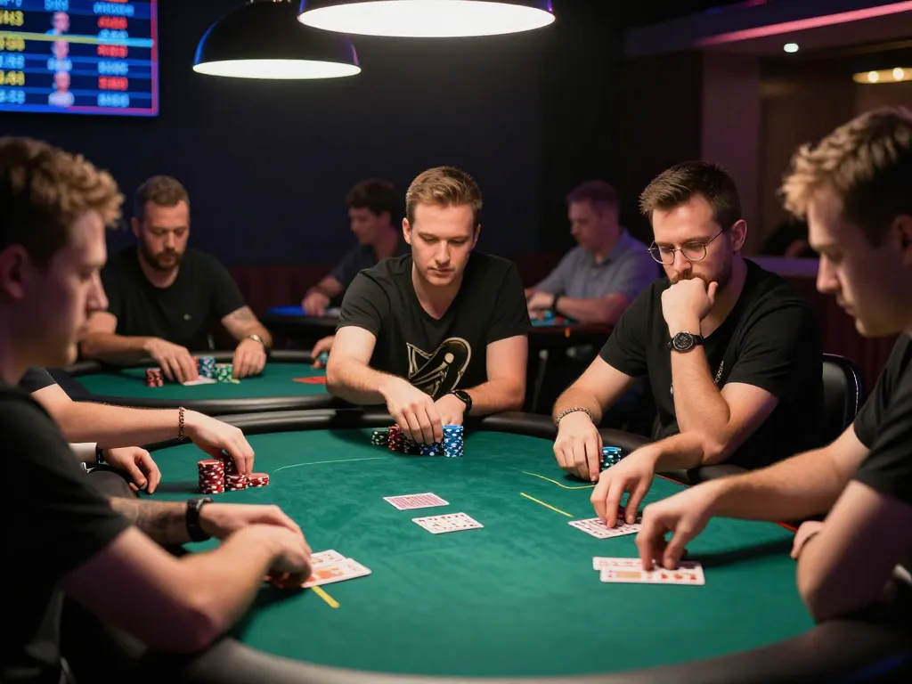 Five88 players engaged in a competitive poker tournament, showcasing strategy and intense focus.