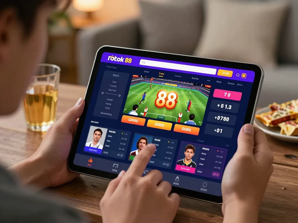 Interaksi antarmuka aplikasi taruhan olahraga langsung rokok 88 yang menampilkan odds waktu nyata dan interaksi pengguna dalam suasana rumah yang nyaman.