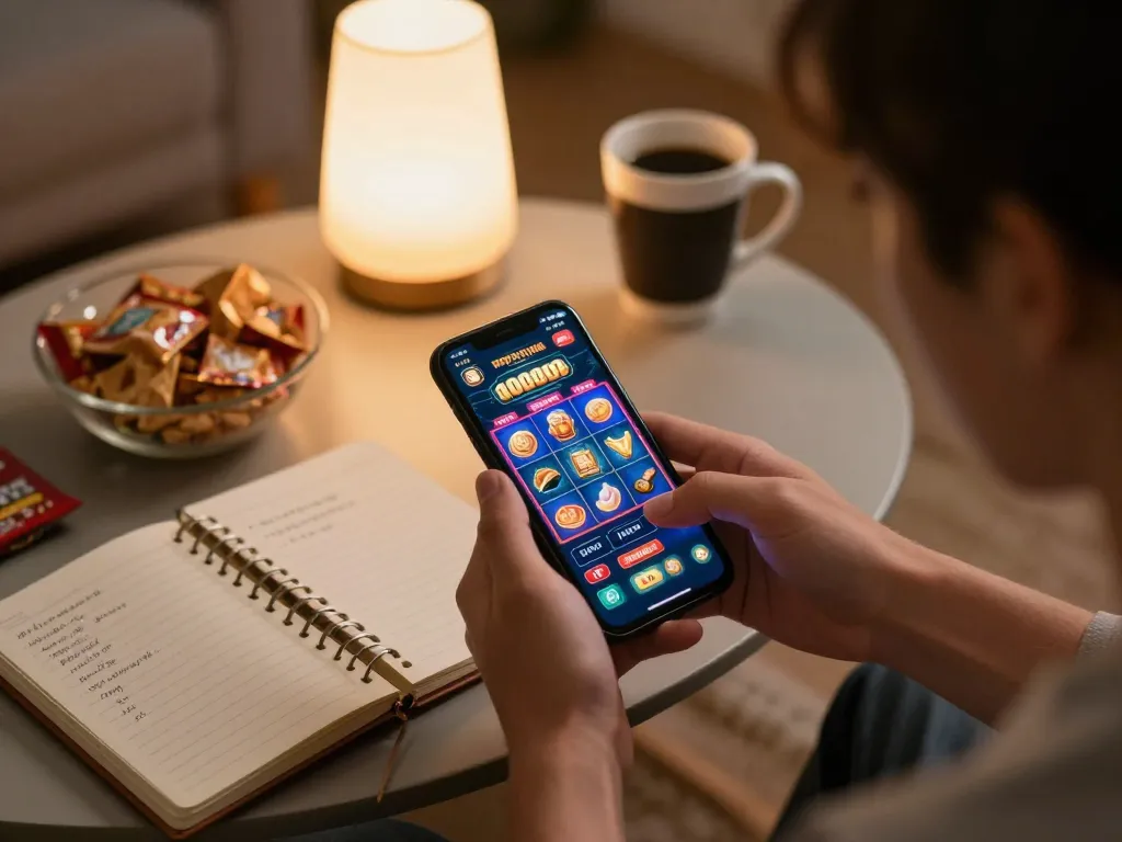 Player engaging in online slot depo 10000 gaming session on smartphone with a cozy setup.